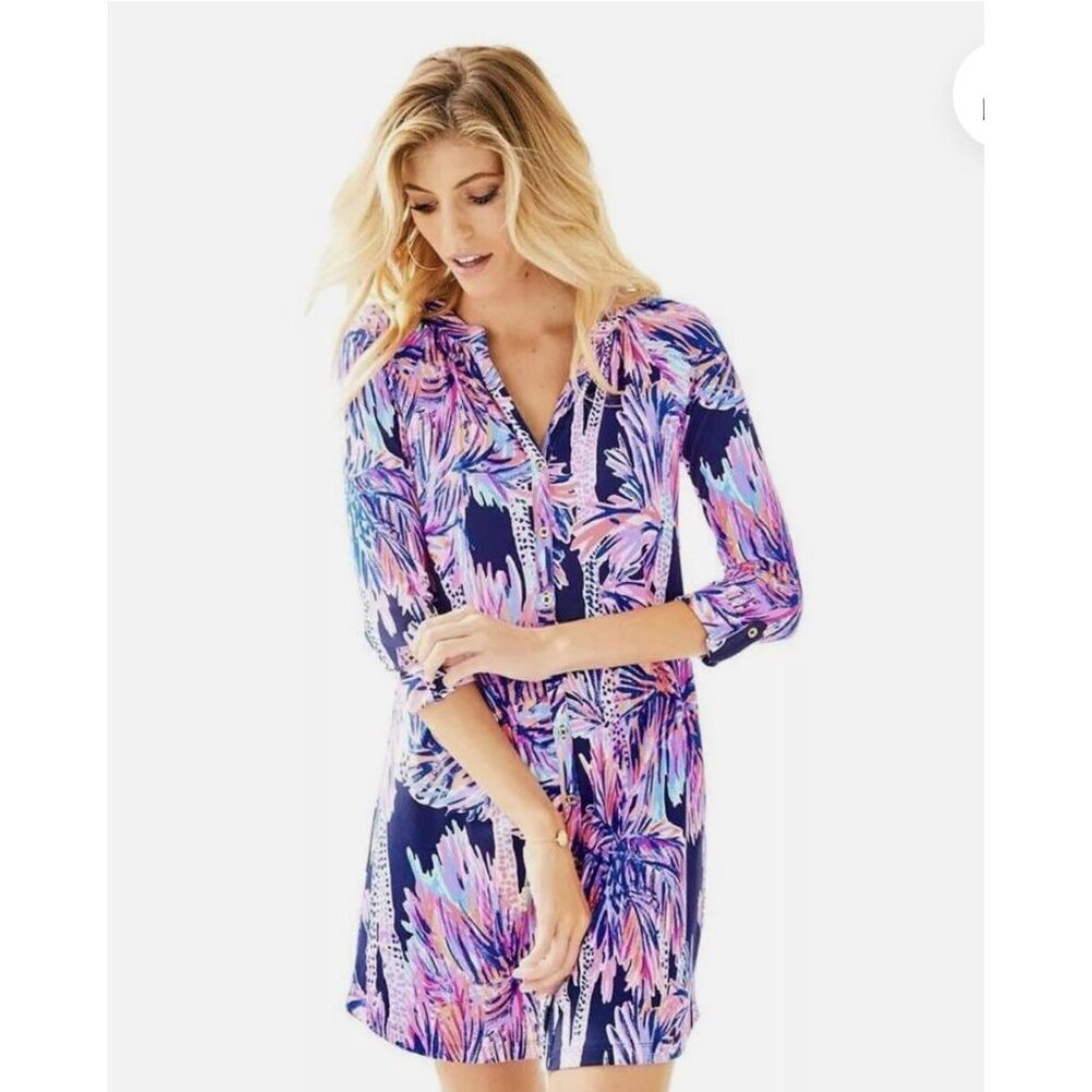 Lilly Pulitzer Bailor Dress Bright Navy Palms Up Multicolor pink blue M belted